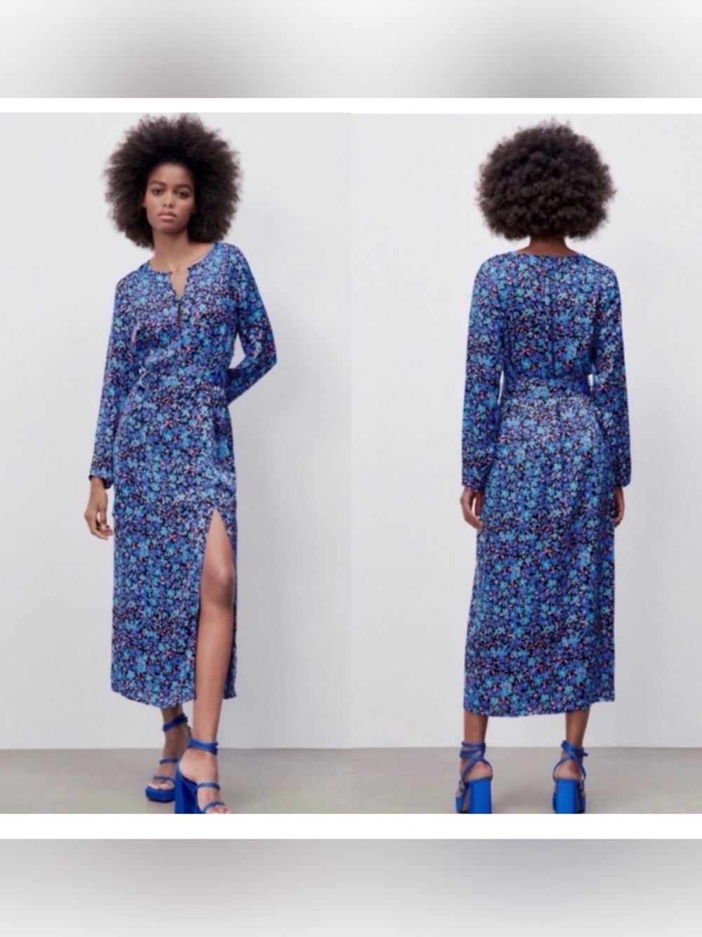 Zara Blue Floral Print Midi Dress size XS side slit